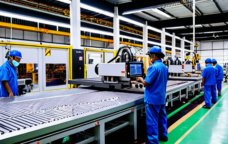 **

"A vibrant Malaysian factory floor, showcasing a diverse team of technicians working on advanced CNC machines. Highlight the modern automation and Industry 4.0 environment. Include sparks flying during a maintenance procedure."

**