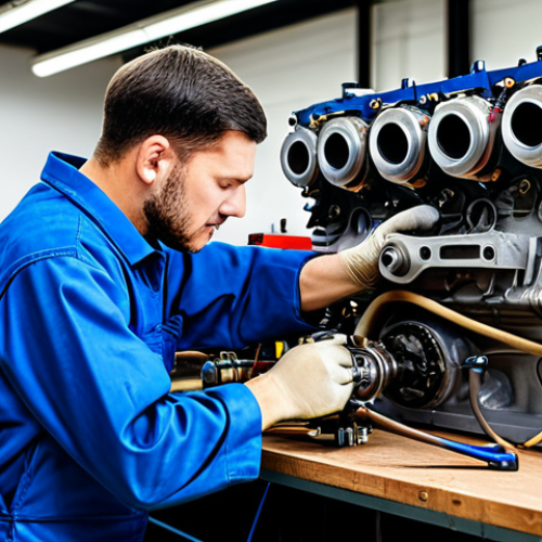 **

A professional male engineer in a fully clothed, modest blue jumpsuit, working on a complex engine assembly in a well-lit workshop, appropriate attire, safe for work, perfect anatomy, correct proportions, professional photography, high quality, family-friendly. The engine is partially disassembled, showing intricate internal components. Tools are neatly arranged on a nearby workbench. The scene exudes professionalism and precision.

**