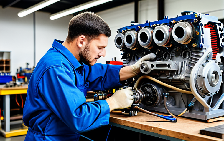 **

A professional male engineer in a fully clothed, modest blue jumpsuit, working on a complex engine assembly in a well-lit workshop, appropriate attire, safe for work, perfect anatomy, correct proportions, professional photography, high quality, family-friendly. The engine is partially disassembled, showing intricate internal components. Tools are neatly arranged on a nearby workbench. The scene exudes professionalism and precision.

**